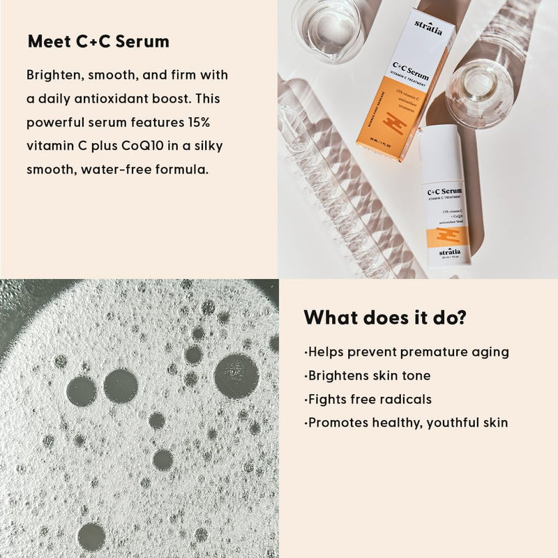 Stratia C+C Vitamin C Serum – 15% Potent Formula with 10% L-Ascorbic Acid for Bright, Even-Toned Skin - Non-Irritating, Water-Free Antioxidant Face Cream, 1 Fl Oz