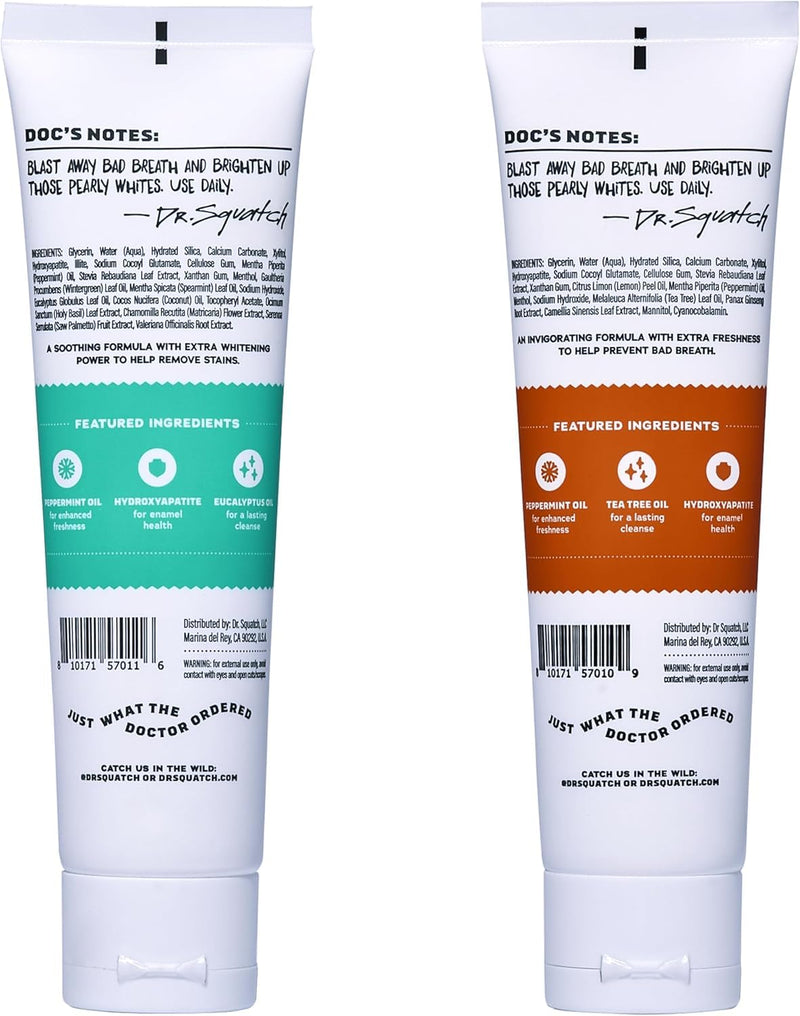 Dr. Squatch Hydroxyapatite Toothpaste Whitening - Natural, Fluoride-Free Toothpaste - Enamel Support - Day & Night Set - Citrus Mint & Spearmint, (4.7 oz, 2-Pack) 4.7 Ounce (Pack of 2)