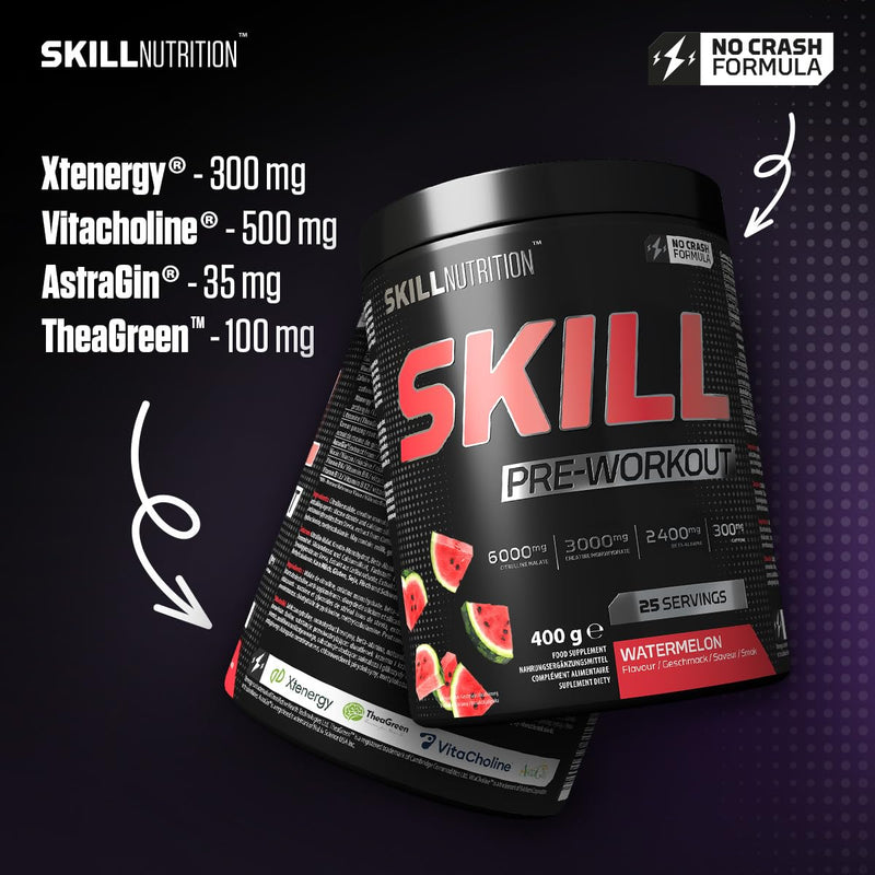 Skill Nutrition Pre-Workout Watermelon - No-Crash Formula with Extended-Release Caffeine | Xtenergy®, TheaGreen™, Vitacholine®, Astragin® | Vegan, Halal | B-Vitamins, Citrulline, Beta-Alanine