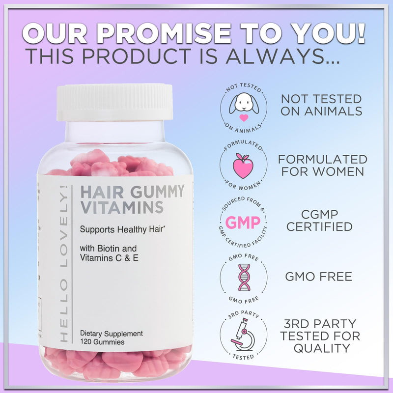 [Australia] - Hello Lovely! Hair Vitamins Gummies with Biotin 5000 mcg Vitamin E & C Support Hair Growth, Premium Vegetarian Non-GMO, for Stronger Beautiful Hair, Skin & Nails Supplement - 120 Gummy Bears 120 Count (Pack of 1) 