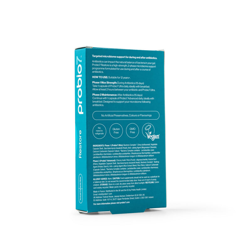 Probio7 Restore - 4 Week Gut Support for Antibiotic Recovery | 9 Live Strains | Probiotics for Antibiotics, Digestive Balance & Immune Support | Gut Repair for Men & Women | 30 Vegan Capsules 30 Capsules (4 Week Course)