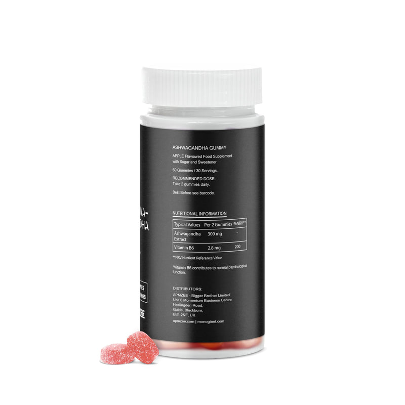 AMPZEE Ashwagandha Gummies 300mg with Vitamin B6 | 60 Apple Flavour Vegan Gummies | Ashwagandha Supplement for Stress, Sleep & Mood Support | Daily Multivitamin Gummies