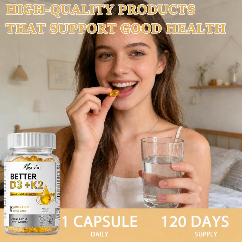 Vitamin D3 K2 Supplement, 3000 IU Vegan Vitamin D3 from Algae with K2 MK7, D3 K2 Vitamin for Bone Health, Calcium Absorption, Immune & Heart Support, Non-GMO Softgels with Organic MCT Oil, 120 Count
