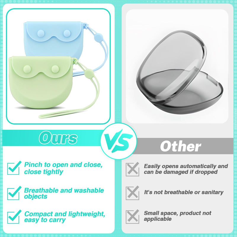 2Pcs Silicone Retainer Case with Vent Holes, Unbreakable Retainer Holder with Hand Strap Slim Retainer Container Box for Travel Partial Denture Night Mouth Guard Aligner Case (Green + Blue) Green + Blue