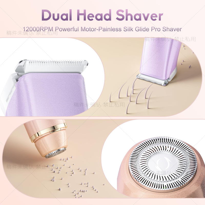 Bikini Trimmer for Women, 2 in 1 Women Electric Shaver Dual Head, Rechargeable Pubic Hair Trimmer with Waterproof, Painless Silk Glide Pro Shaver for Underarm Leg Arm Body Face Private Area
