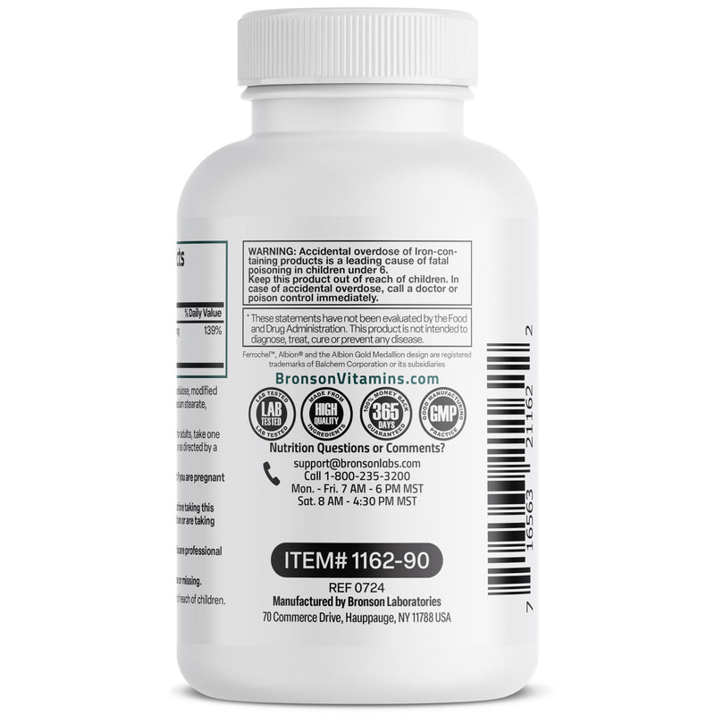 [Australia] - Bronson Iron Bisglycinate 25 mg Gentle on The Stomach, Supports Energy & Healthy Red Blood Cell Production - Non-Constipating Formula - Non GMO, 90 Vegetarian Capsules 90 Count (Pack of 1) 