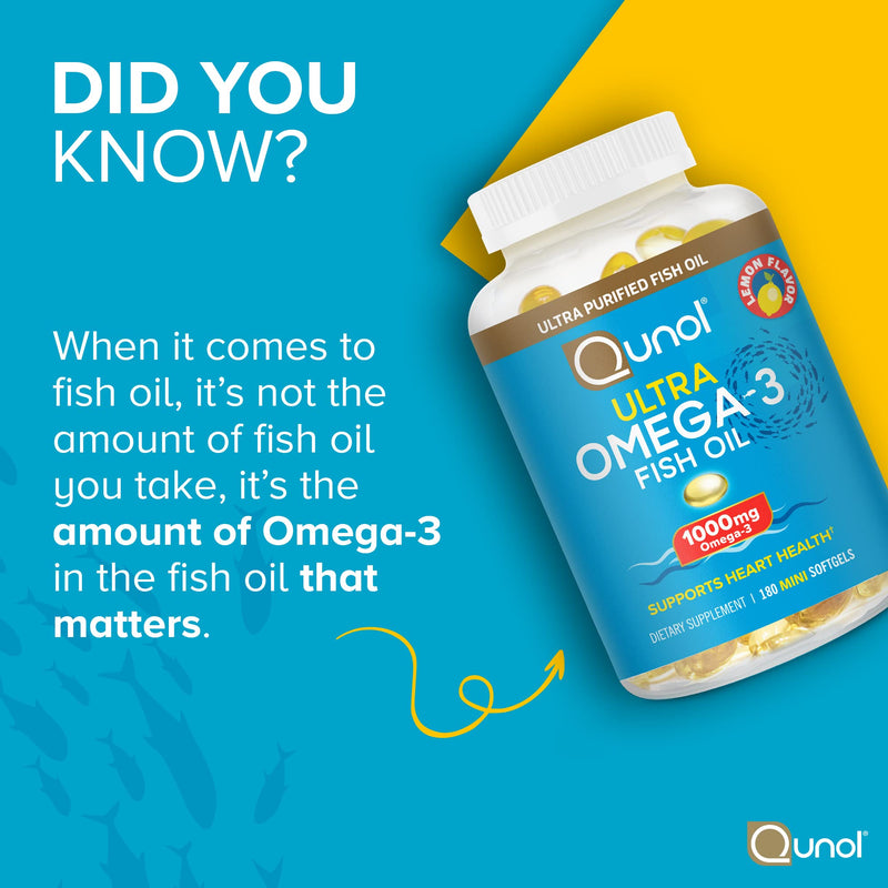 [Australia] - Qunol Fish Oil Omega 3 Mini Softgels, 1000mg Omega 3 EPA + DHA, Ultra Pure Supplements, Heart Health Support, Lemon Flavor, Easy to Swallow Minis, 3 Month Supply, 180 Count 180 Count (Pack of 1) 