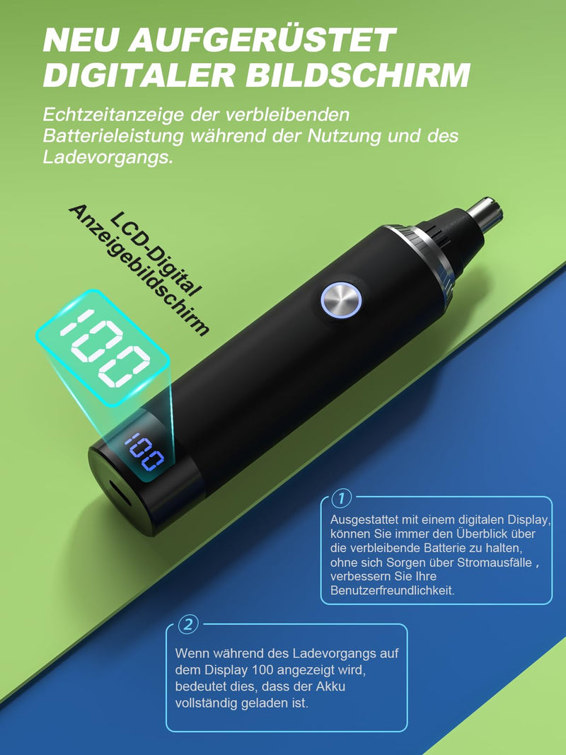 [Australia] - Nose Hair Trimmer, USB Rechargeable Nose Hair Trimmer with LED Display, 2 IN 1 Pain-Free Multifunctional Ear and Nose Hair Trimmer with IPX7 Waterproof, Easy to Carry Black 