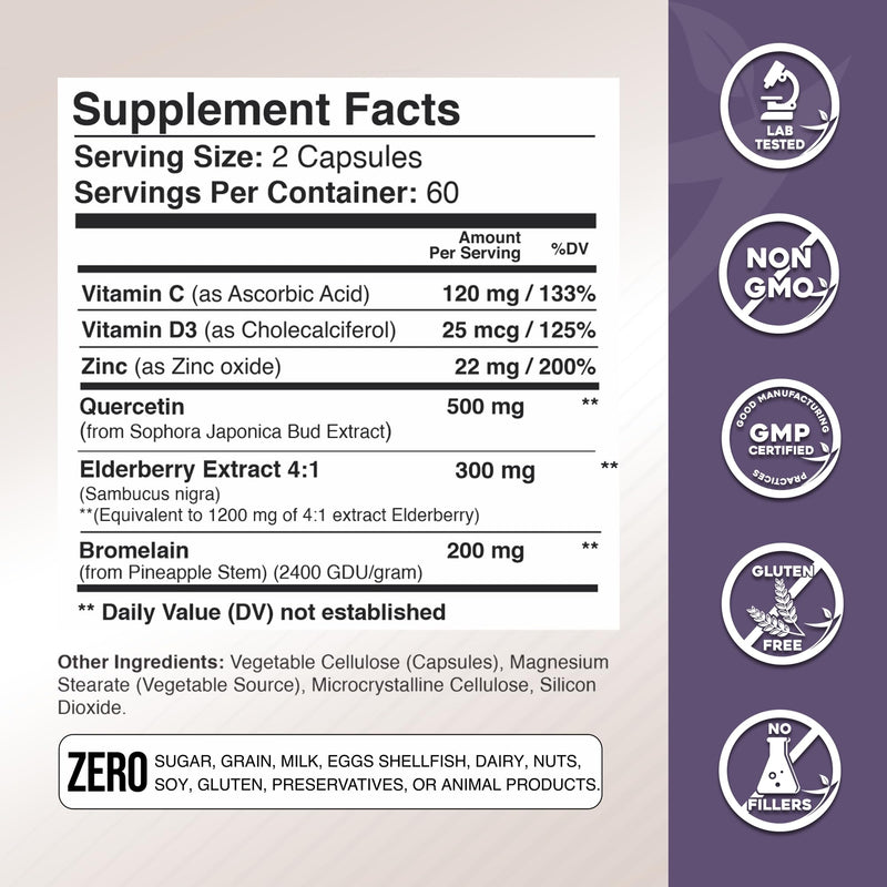 Gade Nutrition Quercetin with Bromelain Elderberry Vitamin C and Zinc | Sambucus Immune Support Supplement 500mg Capsules | Gluten-Free | Made in USA | 4 Month Supply 120 Count (Pack of 2)