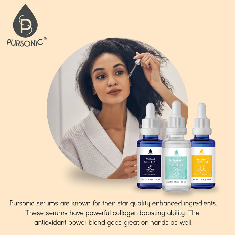 PURSONIC Anti Aging Skin Care Set of 3 - Hyaluronic Acid Serum, Retinol Serum & Vitamin C Face Serum for Women - Nourishing Hydrating Serum for Face, Smoothed Wrinkles, Dryness, Fine Lines Hyaluronic Acid, Retinol & Vitamin C Serum