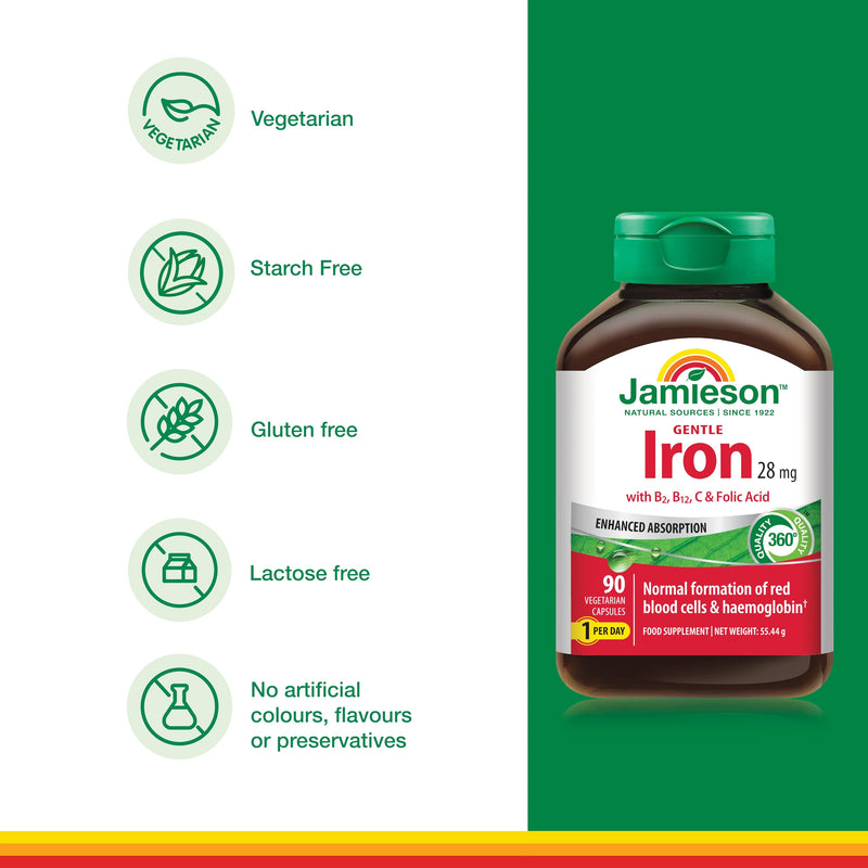 Jamieson Iron 28 mg, with Folic Acid, Vitamin B2, Vitamin B12, and Vitamin C, to Reduce Tiredness and Fatigue, with Enhanced Absorption, and Gentle on the Stomach. 90 Vegetarian Capsules