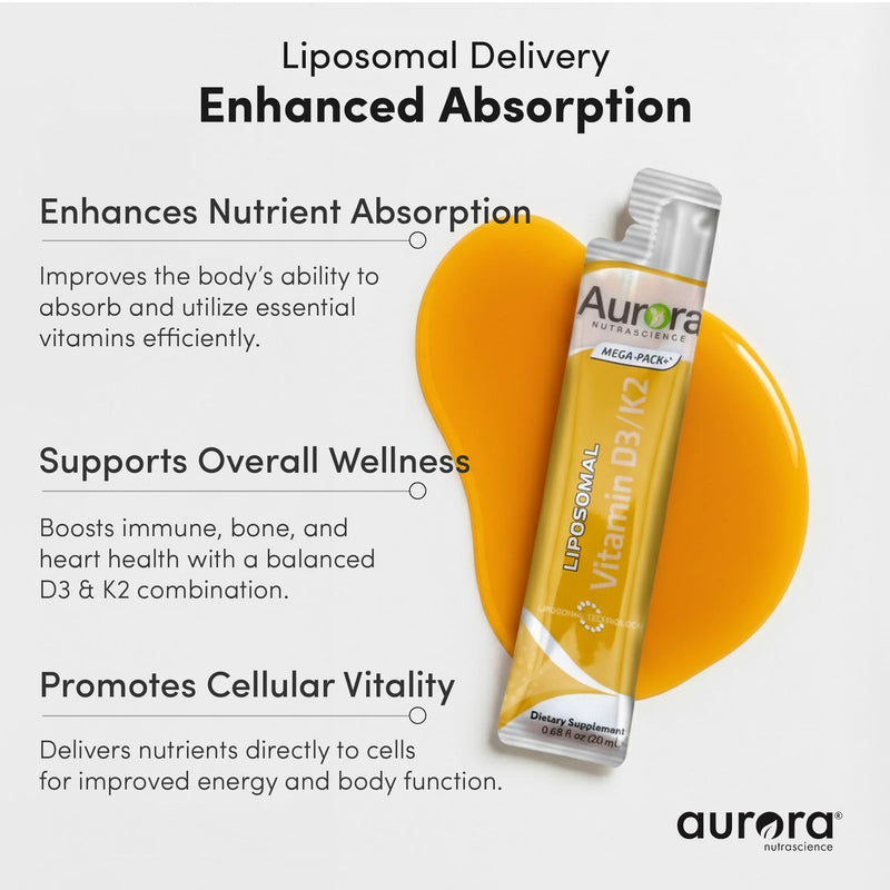 Aurora Nutrascience Liposomal D3 with K2 Mega-Pack, 32 Single Serve Packets | Liquid Vitamin D3 K2 Supplement for Adults, Healthy Immune and Bone Support, Vegan, MCT-Enhanced, Superior Absorption 1 Fl Oz (Pack of 32)