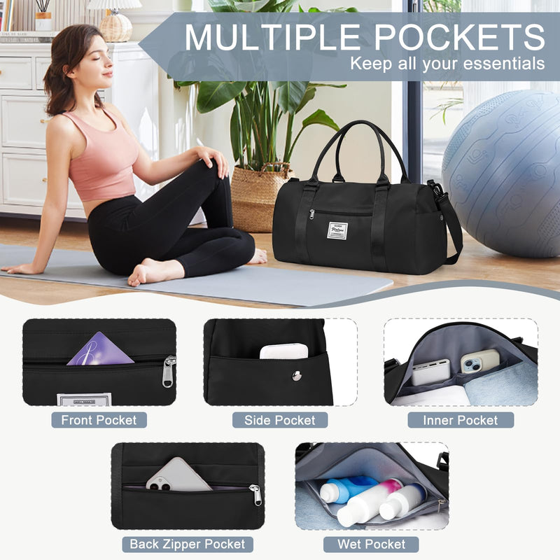Gym Bags with Shoes Compartment,Personal Item Travel Duffel Bag Black | Travel Duffel Bag with Toiletry Bag Carry On Tote Bags Weekender Overnight Bag for Travel Essentials and Travel Accessories D1-Black+2Pcs Toiletry Bag
