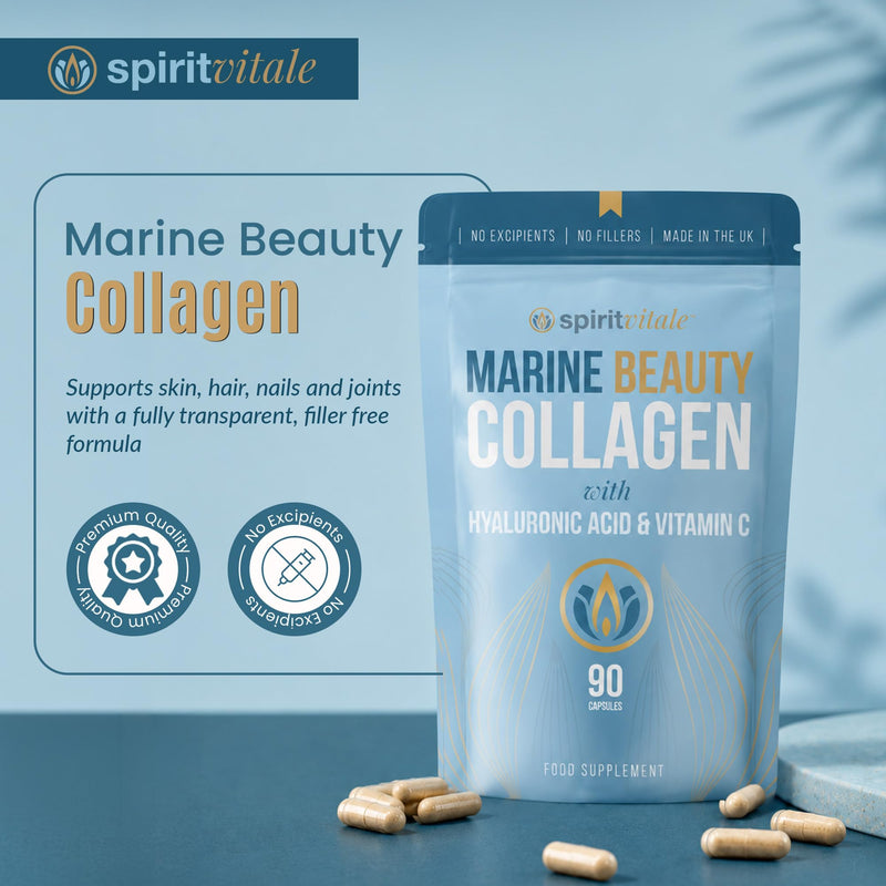 Marine Beauty Collagen with Hyaluronic Acid and Vitamin C | Skin Hydration, Elasticity, Anti-Ageing | Premium Quality Marine Type 1 Hydrolysed Complex | UK Certified | No Nasties | SPIRIT VITALE