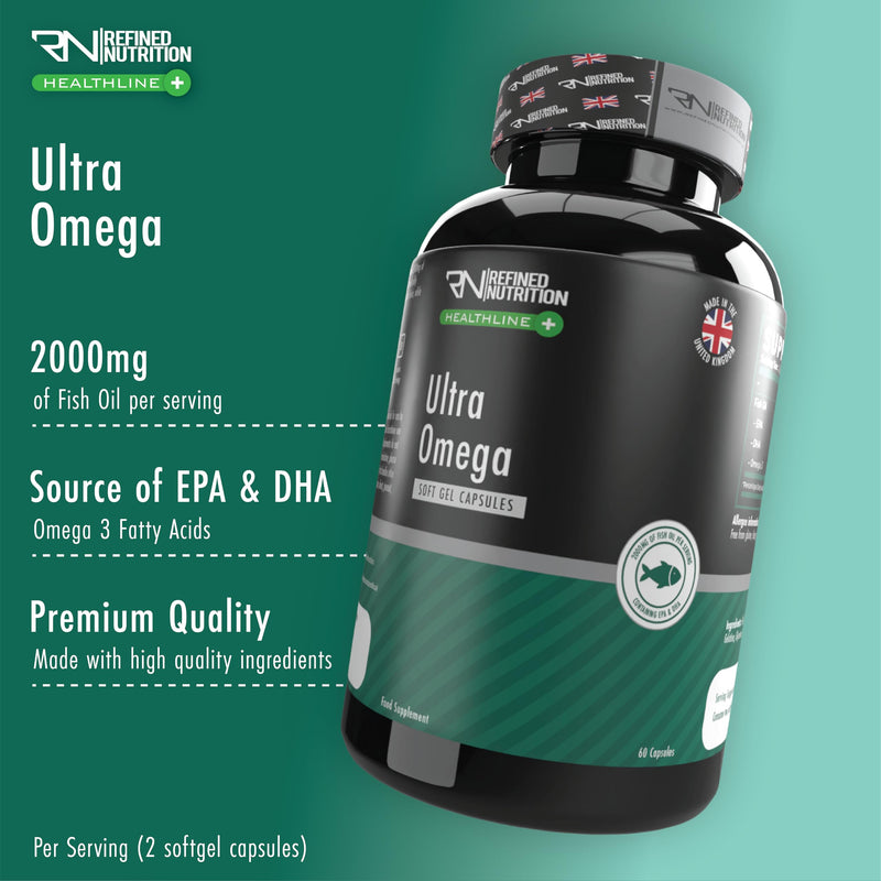 Refined Nutrition Ultra Omega 3 Fish Oil 2000mg | Halal Certified Bovine Gelatine Softgels | 700mg Active EPA & DHA | Supports Heart, Brain & Joints | 60 Easy Swallow Capsules (30 Day Supply) UK Made