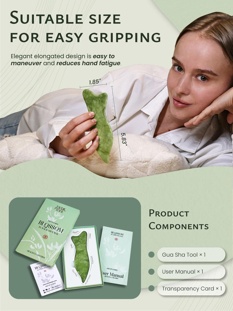 [Australia] - Rena Chris Natural Jade Gua Sha Facial Tools - Acupressure & Gua Sha for Face Massage, Jawline Sculpting, Puffiness Reduction, Skin Care Tool (Green) Green 