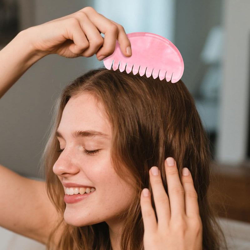 ideayard Gua Sha Comb for Women Head Scalp Massage Tool Hand Made Rose Quartz Comb Polished Round Tooth Point Massager Therapy Tool for Gift