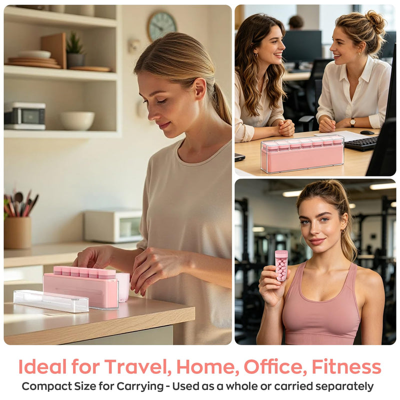 HIONXMGA Weekly Pill Organizer, Detachable 7-Color Pill Box, Easy Tracking | Portable Travel Pill Case Container for Daily Vitamin Supplement Fish Oil, Silicone-Seal, Lasting Labels, Quick Fill (Pink) Pink (Pink)