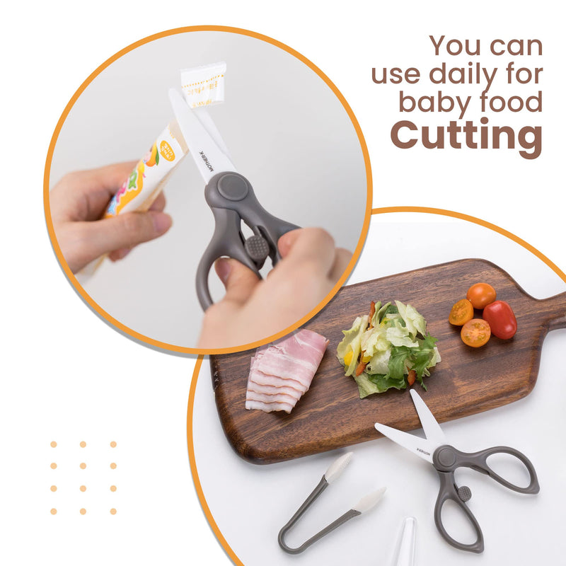 [Australia] - MOTHER-K Portable Ceramic Scissors with Tongs Set, Ceramic Scissors for Baby Food with Protective Blade Cover and Portable Case, Safety Lock (GREY) 
