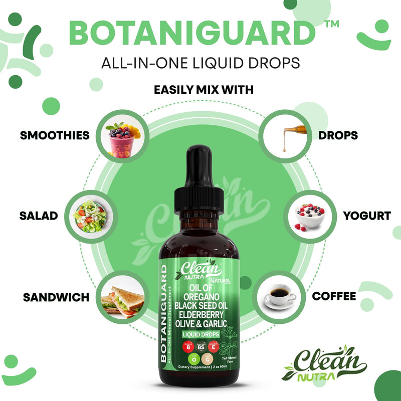 [Australia] - Clean Nutra Oil of Oregano Drops Black Seed Oil Elderberry Vitamin D D3 K2 Olive Garlic Immune Support Supplement Wellness Formula Zinc Supplements Liquid 2 Fl Oz BotaniGuard Vegan, Non-GMO 