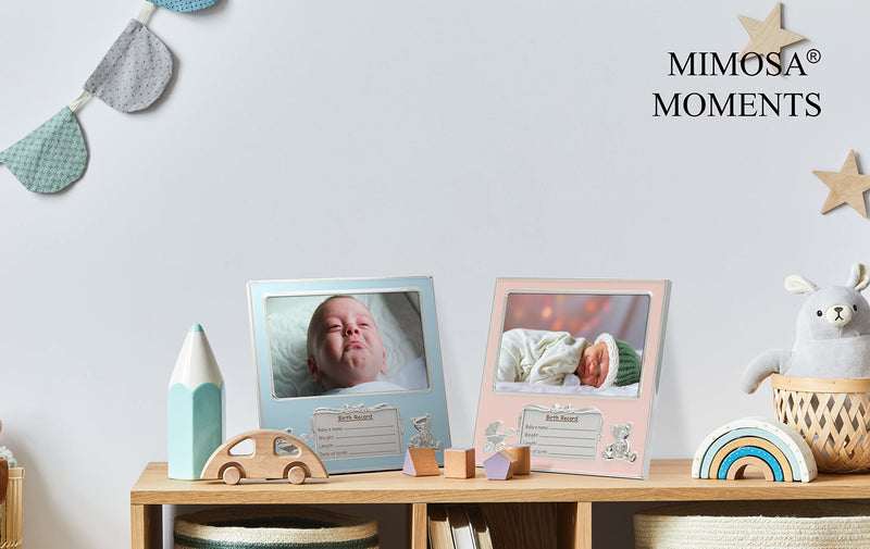 [Australia] - MIMOSA MOMENTS Bear and Pram Silver-tone Metal Baby Girl Picture Frame with Birth Details Tag (4x6 horizontal, Silver-tone & Pink) 4x6" horizontal 