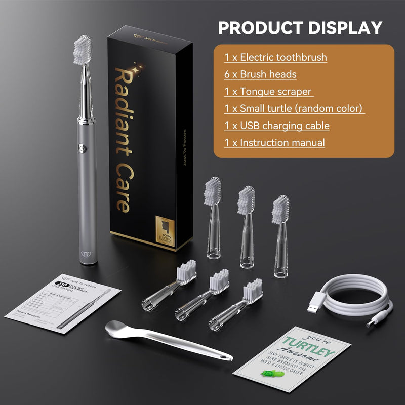 JTF Sonic Electric Toothbrush for Adults: 6 Brush Heads, 3 Brushing Modes, 2-Min Smart Timer, IPX7 Waterproof and Tongue Scraper, Deep Cleaning & Whitening, Rechargeable Toothbrush for Teeth & Braces Silver