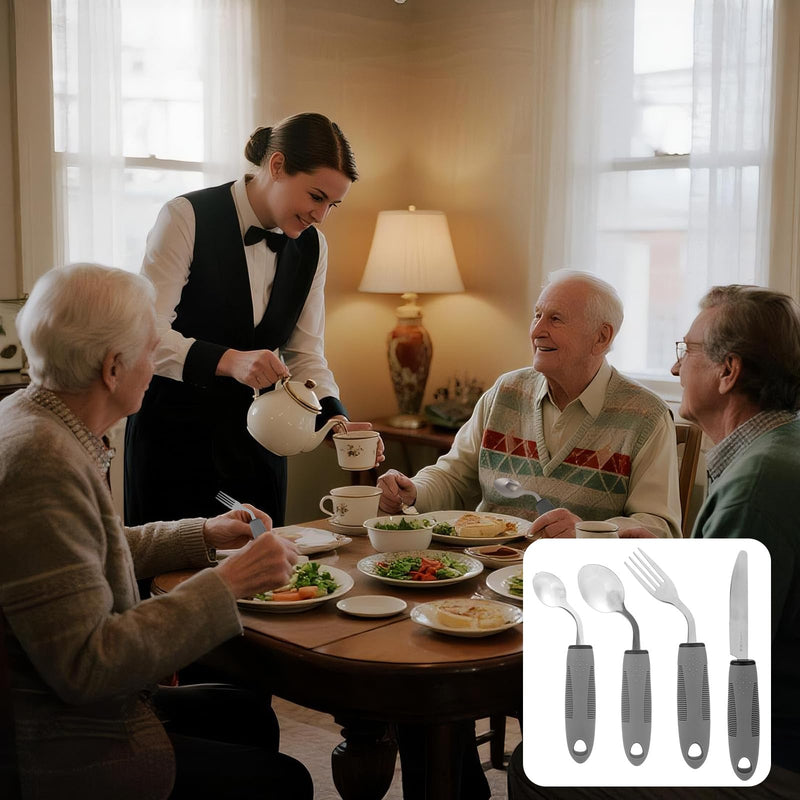 4pcs Weighted Adaptive Utensils for Hand Tremors & Parkinson's, 42° Angled Adaptive Utensils 2.5oz Weighted Silverware Set for Elderly Disabled Daily Living Assistive Gifts (Right-Handed)