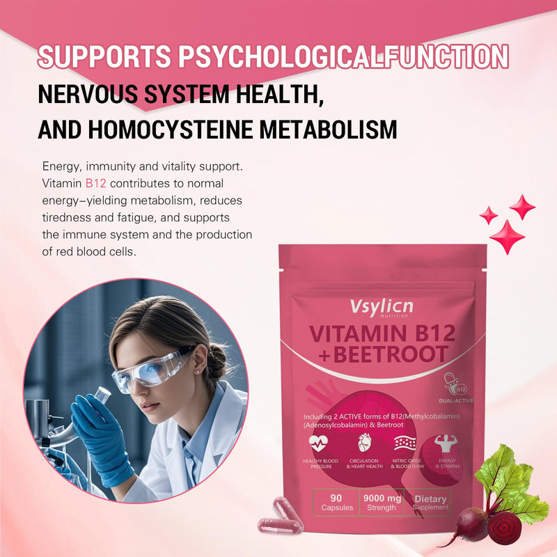 9000mg Beetroot Extract & 1000mcg Vitamin B12 Complex - Methylcobalamin & Adenosylcobalamin - Energy & Immune Support - Blood Pressure Supplements, Vegan, Nitric Oxide Supplement - 90 Capsules