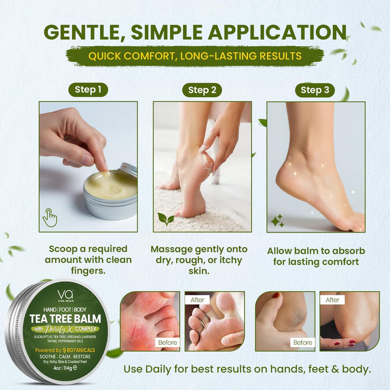Tea Tree Oil Balm 4 oz Soothing Care for Rashes, Athlete’s Foot, Jock Itch | Bug Bites, Folliculitis, Cracked Feet, Dry, Flaky, Irritated Skin – For All Ages & Sensitive Skin - VITAL AFFAIR Natural Tea Tree 4 Ounce (Pack of 1)