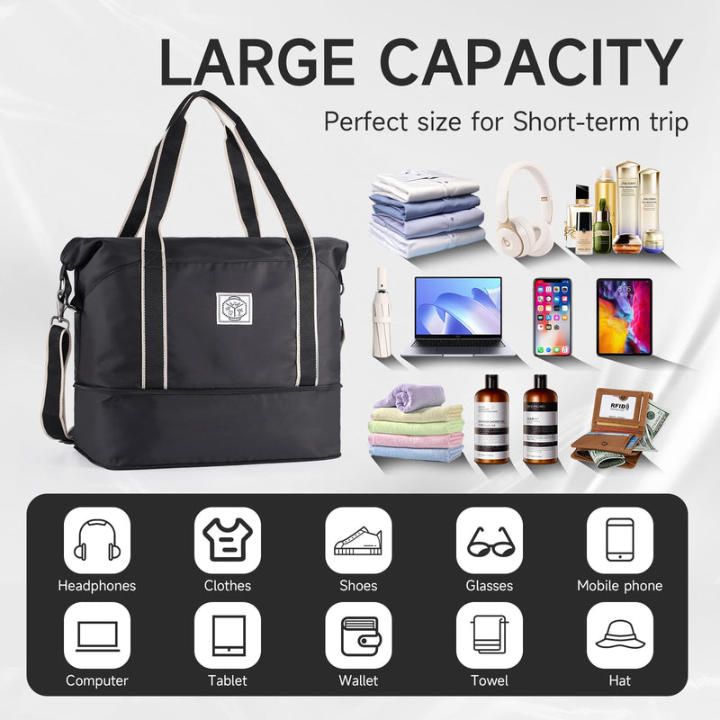 WALNEW Travel Duffel Bag, Weekender Overnight Carry On Bag for Women Men, Foldable Waterproof Gym Luggage with Metal Buckle Detachable Shoulder Strap and Wet Compartment (Black) | Overnight Carry On Bag, Foldable Waterproof Gym Luggage with Metal Buckl...