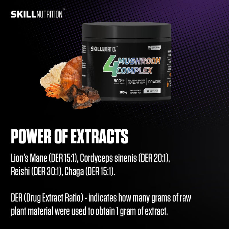 Skill Nutrition 4 Mushroom Complex | Lion’s Mane, Reishi, Chaga, Cordyceps Extracts | Standardized Mushroom Extracts | Natural Support for Vitality & Wellbeing – Premium Dietary Supplement | 180 g
