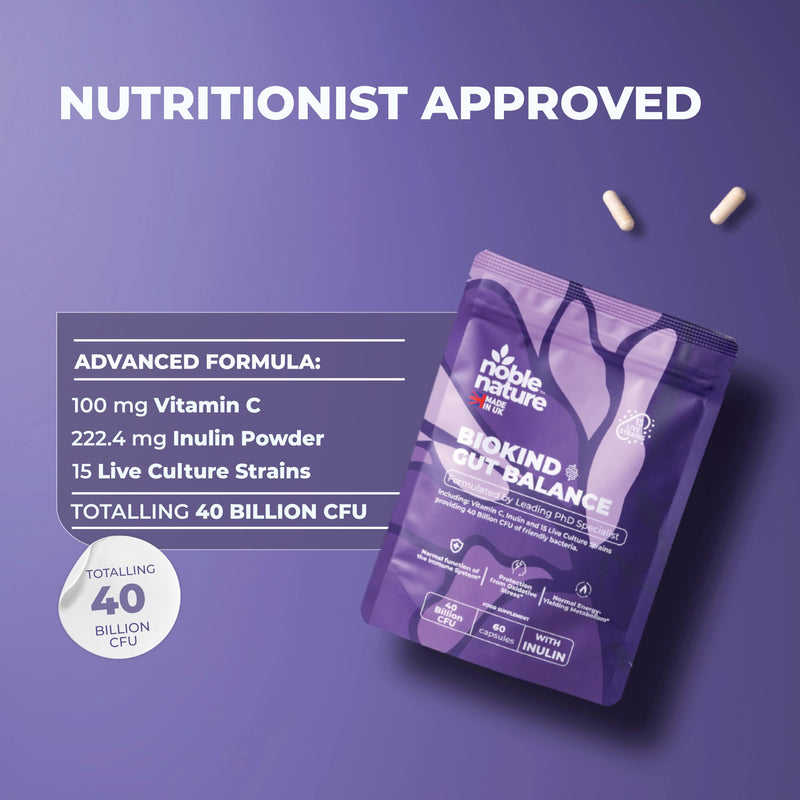 Noble Nature Biokind Gut Balance – 40 Billion CFU Friendly Bacteria - Bio Cultures Complex - 15 Strains - Lactobacillus & Bifidobacterium for Gut, Immune & Digestive Health with Inulin & Vitamin C 60