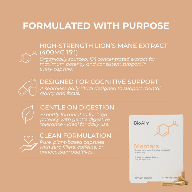 Focus Supplement, 30x Lions Mane Supplement Capsules for Focus, Memory & Clarity | Mentara | 400mg Fruiting Body Extract (6000mg Equivalent, 30% Beta Glucans) Vegan Organic Lion's Mane Mushroom