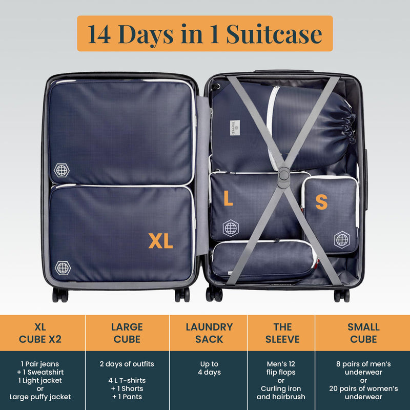 TRIPPED Travel Gear Extra Large Compression Packing Cubes 6-Piece Set Navy Blue