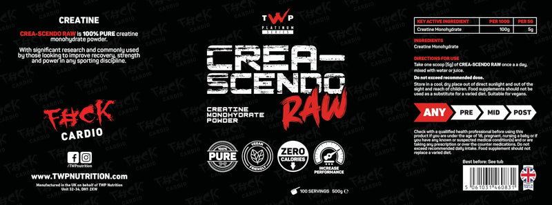 TWP Nutrition Platinum Series Crea-Scendo Creatine Powder, 470g / 250g / 500g and 100/50/30 Servings, 5 Great Flavours (Unflavoured, 500g) Unflavoured