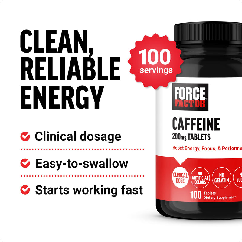 [Australia] - Force Factor Caffeine Pills 200mg, Caffeine Tablets to Boost Energy, Focus, Strength, and Performance, Premium Quality Caffeine Pills and Energy Supplement, 100 Tablets 
