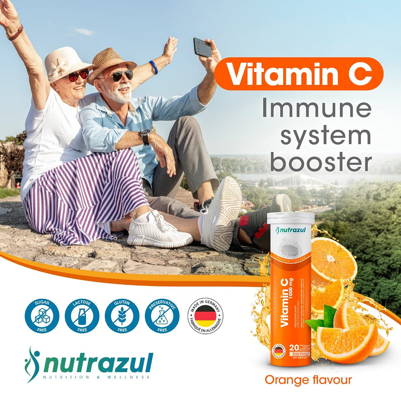 nutrazul Vitamin C 1000mg Effervescent Tablets, Orange Flavor, 20 Count | Vit C Supplement to Help Maintain Immune Function, Gluten-Free, Lactose-Free, Sugar-Free, Preservative-Free