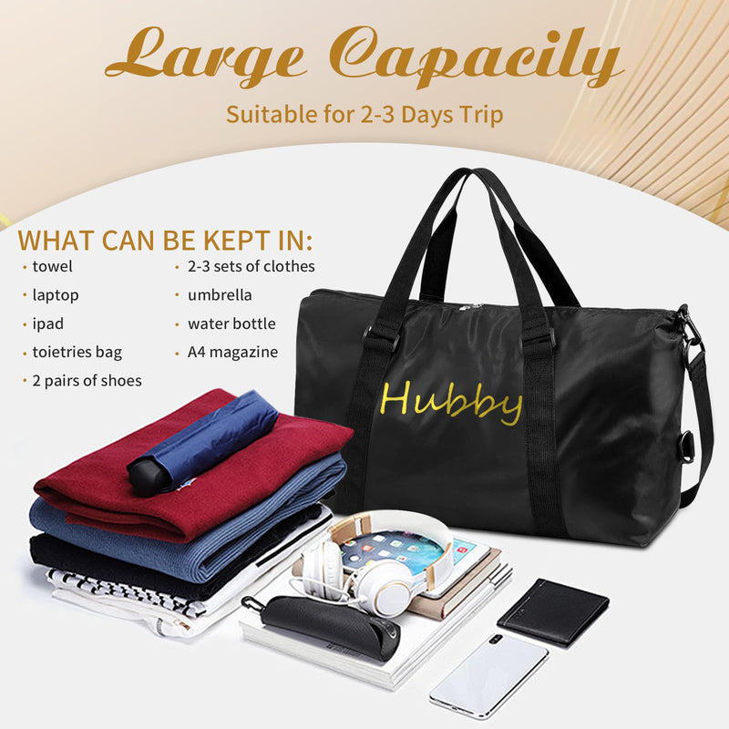2 Pcs Wifey Hubby Duffle Bag Set White Black Wedding Travel Bags Waterproof Honeymoon Travel Bags Weekender Tote Bag For Women Men Couple Bridal Shower Honeymoon Party Organizer Supplies