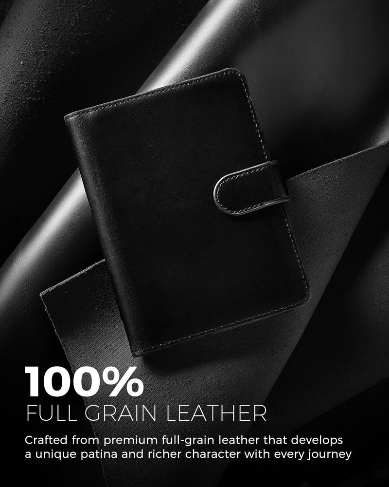 Passport Holder for Travel: RFID Blocking Full Grain Leather Passport Wallet for Men - Slim Minimalist Bi-fold Passport Cover for Air Ticket Credit Card Bills Coin, Gift Boxed (Black) Black