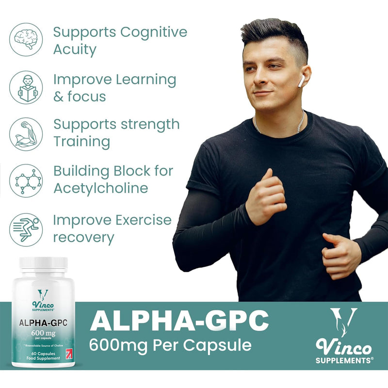 Vinco Alpha GPC 600mg in One Capsule - 60 Capsules = 60 True Servings - Pure Choline Supplement - Nootropic for Brain Support, Focus, Memory, Motivation & Energy - Alpha GPC Rich - Made in The UK