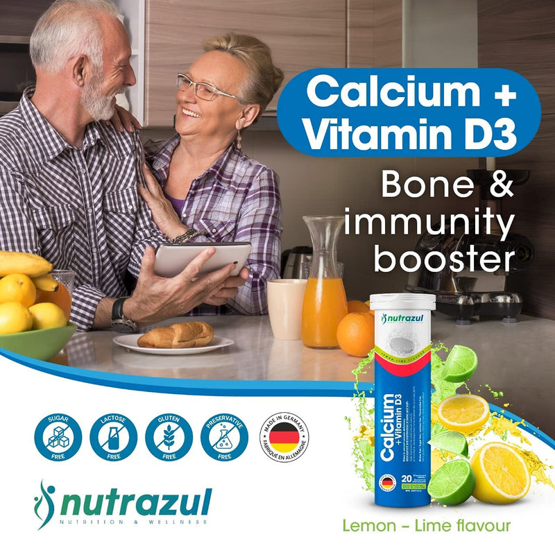 nutrazul Calcium + Vitamin D3 Effervescent Tablets, for Bone Health Maintenance, 500 mg Calcium and 2.5 mcg Vitamin D3, Suitable Supplements for Women & Men, Lemon-Lime Flavor, 20 Tablets 20 Count (Pack of 1)
