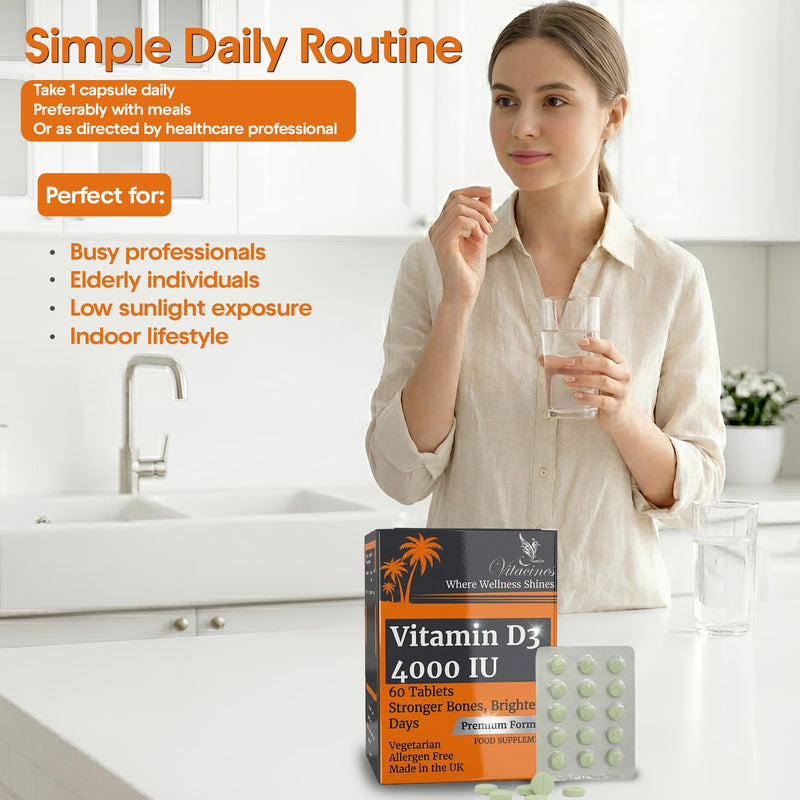 Vitamin D3 4000 IU Tablets | 60 Tablets | Vegetarian, Halal & Kosher Certified | Allergen Free, Gluten Free, Non GMO | Immune, Bone & Muscle Support | Made in The UK | 2 Month Supply