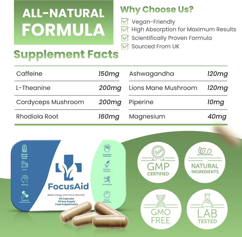 Focus Aid’s Nootropic Brain Supplement – Focus Supplement with Ashwagandha for Brain Fog, Support Cognitive Function, Lion's Mane Improves Energy Levels, Memory Function & Concentration |1000Mg