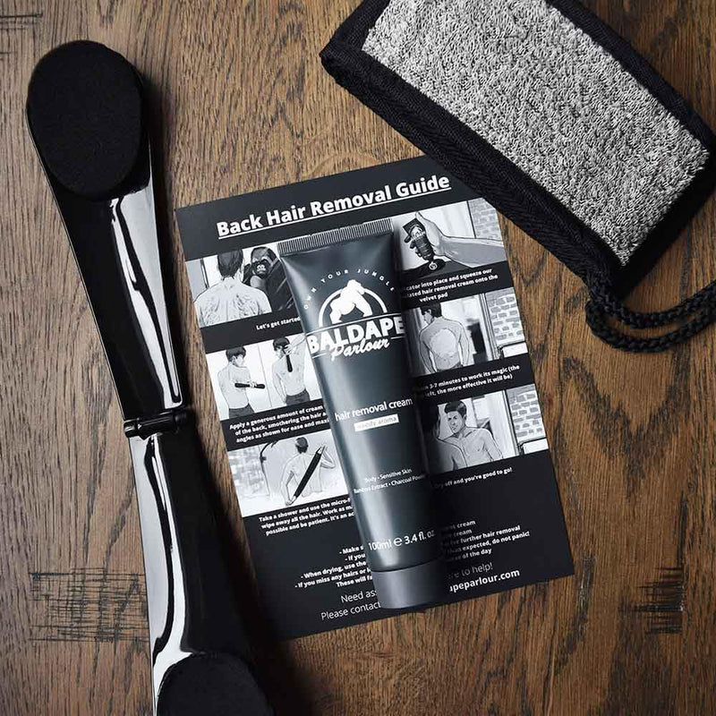 [Australia] - BALDAPE PARLOUR Body & Back Hair Removal Kit with Men's Depilatory Cream, Extendable Applicator & Loofah for Smooth, Hair-Free Results 