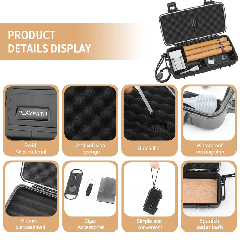[Australia] - Travel Humidor Box With Cigar Accessories - Spanish Cedar, Humidifier, Cutter, Stand, Punch - Holds 4-5 Cigars - Waterproof, Crushproof, Airtight Seal Store 4-5 cigars 