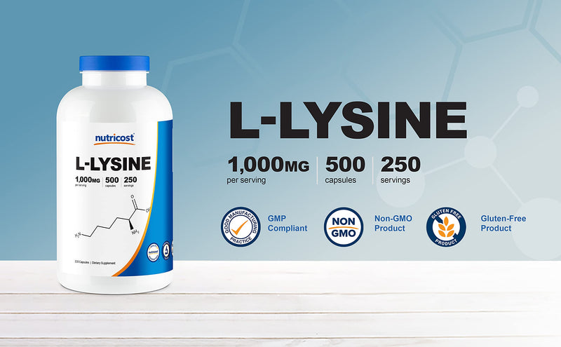 Nutricost L-Lysine 1000mg Per Serving, 250 Servings, 500 Capsules - Gluten Free, Non-GMO, 500mg Per Capsule 500 Count (Pack of 1)