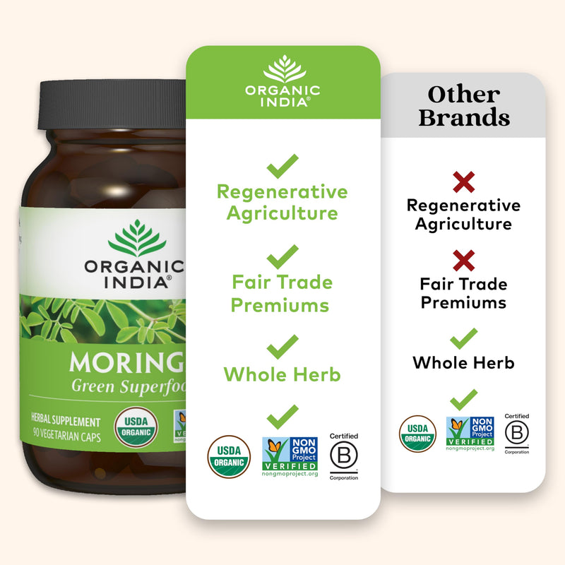 ORGANIC INDIA Moringa Herbal Supplement - Green Superfood, Nutrient Dense, Pure Plant Protein, Vitamin A, E, K, Iron, Calcium, Fiber, Vegan, Gluten-Free, USDA Certified Organic - 90 Capsules 90 Count (Pack of 1)