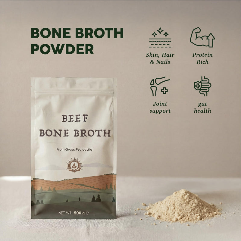 Beef Bone Broth Powder - 500g - Grass Fed EU Origin - Bone Broth Collagen Protein Powder - Muscle Growth, Bone Health and Skin Quality