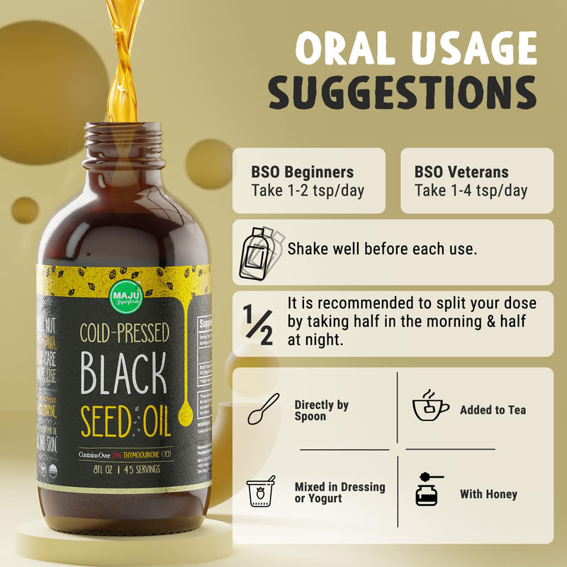 [Australia] - MAJU Black Seed Oil - 3 Times Thymoquinone, Cold-Pressed, 100% Turkish Black Cumin Seed Oil, Liquid Pure Blackseed Oil, Glass Bottle, 8 oz 8 Fl Oz (Pack of 1) 