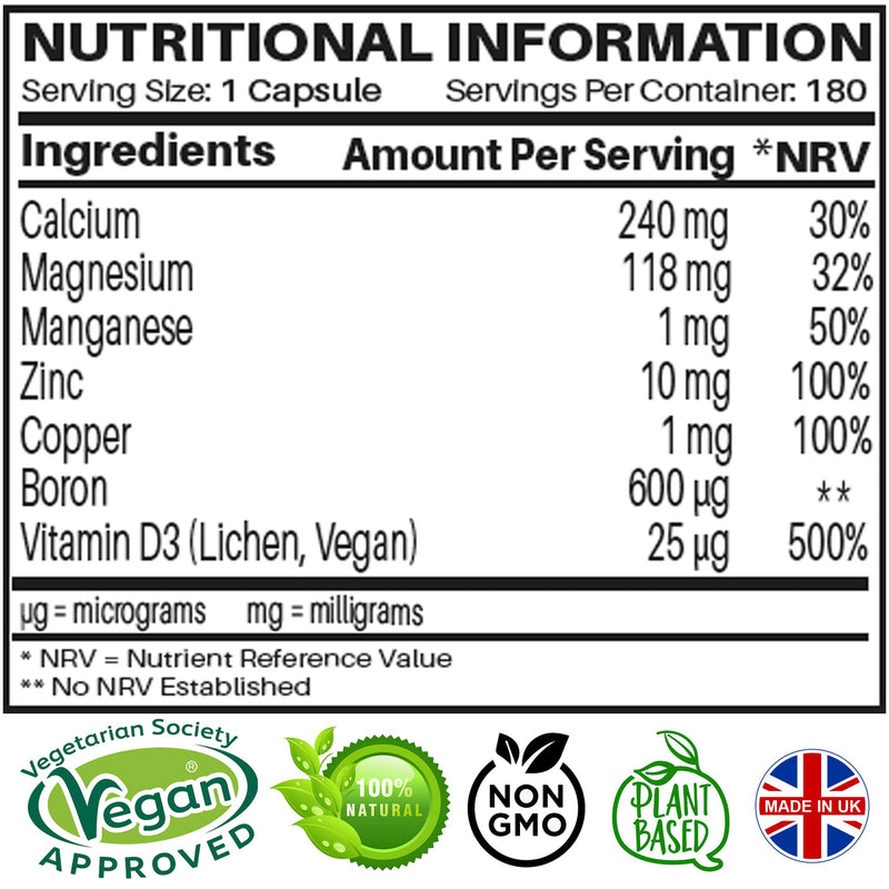 Calcium Magnesium Zinc Vitamin D3 | 180 Vegan Capsules | Bone Health Teeth Muscles Immune Support | with Copper Boron Manganese | Non-GMO Gluten Free | Women & Men | 6 Month Supply | UK